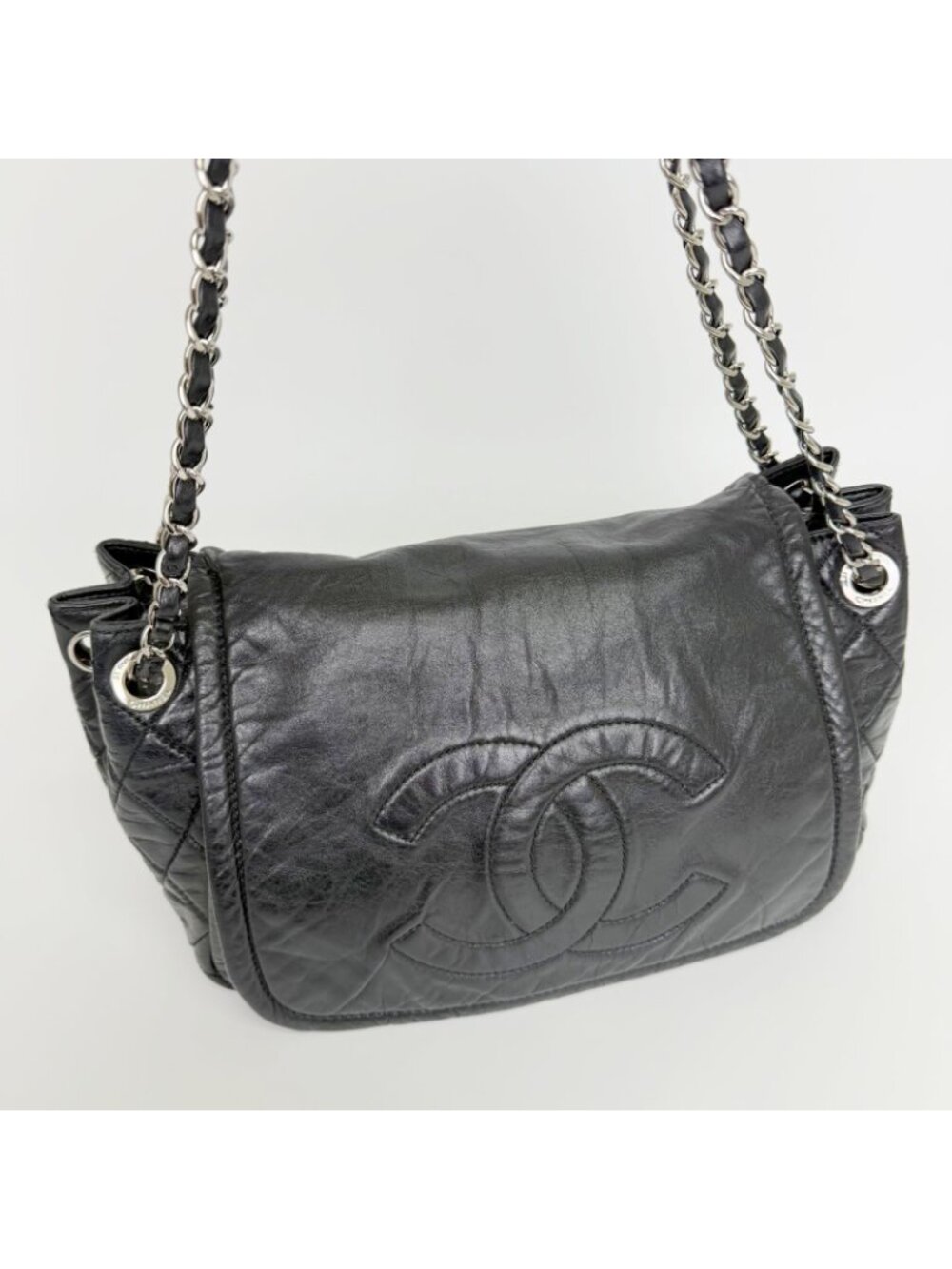 Chanel CC Logo Chain Shoulder Bag Leather Black Silver Vintage - Picture 8 of 16